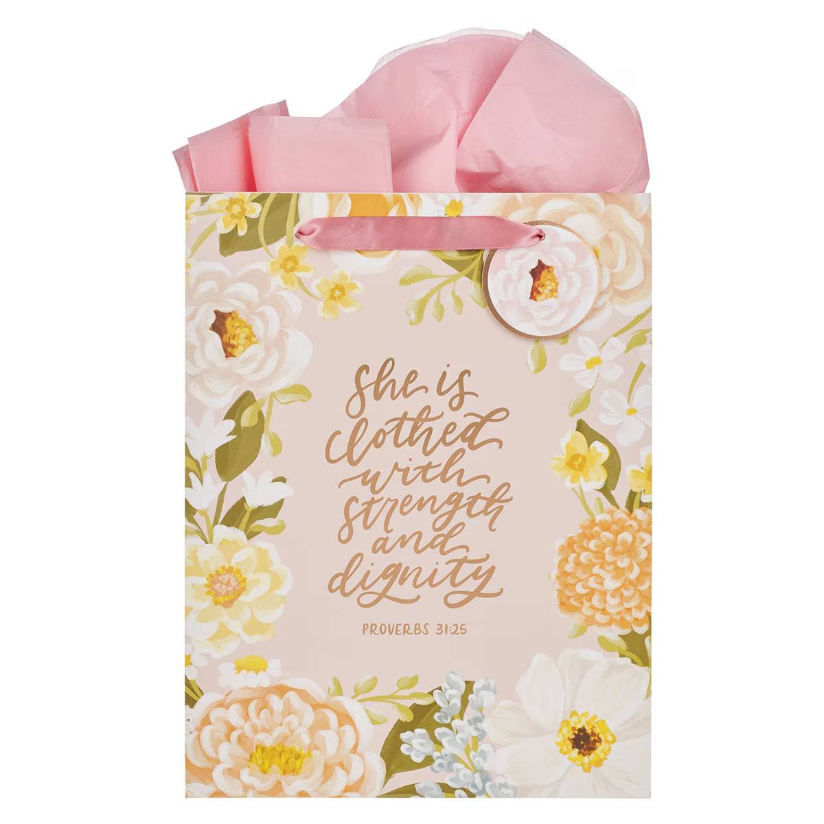 Gift Bag Large: Strength & Dignity (Prov. 31:25) Floral (Margo Collection)