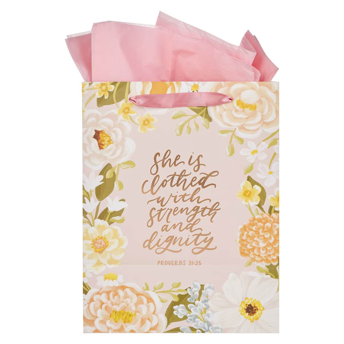 Gift Bag Large: Strength & Dignity (Prov. 31:25) Floral (Margo Collection)