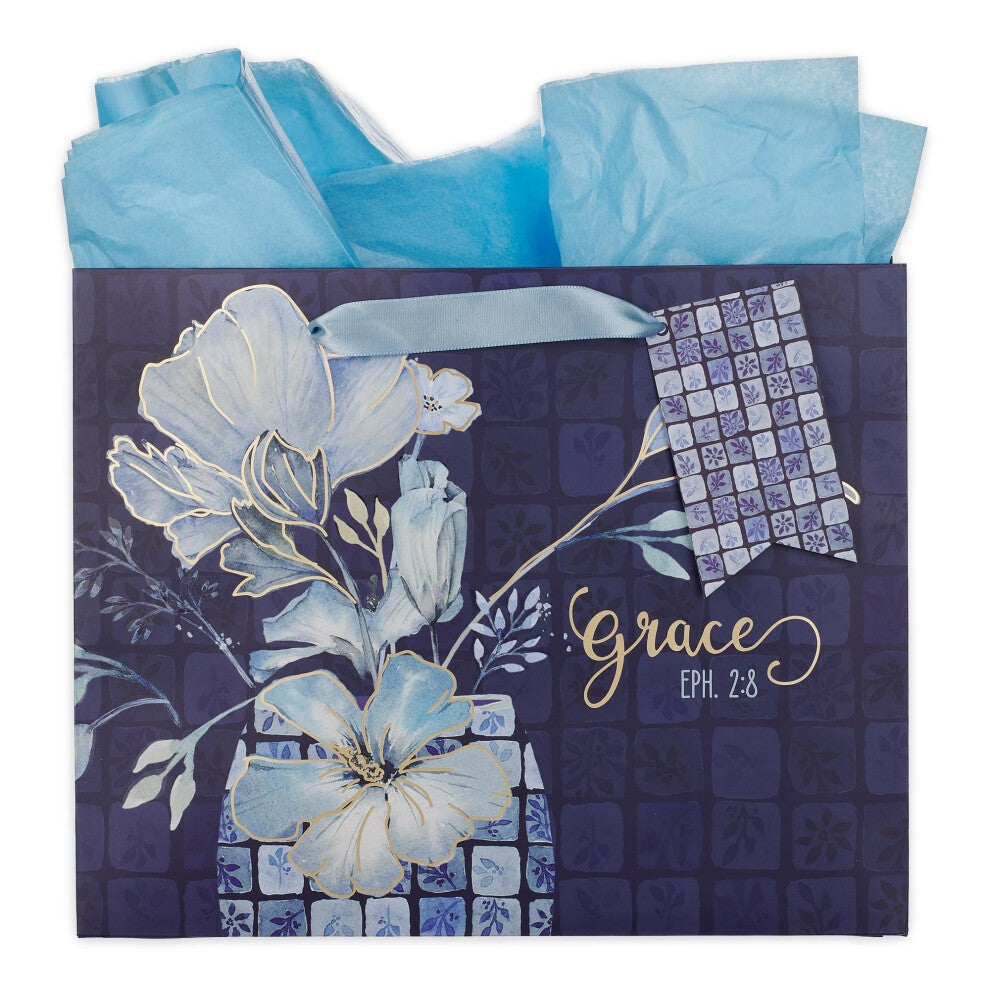 Gift Bag Large: Grace (Eph. 2:8) Blue (Checkered Floral Collection)