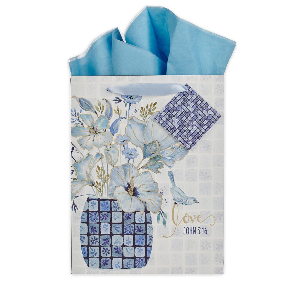 Gift Bag Large: Love (John 3:16) Blue/White (Checkered Floral Collection)