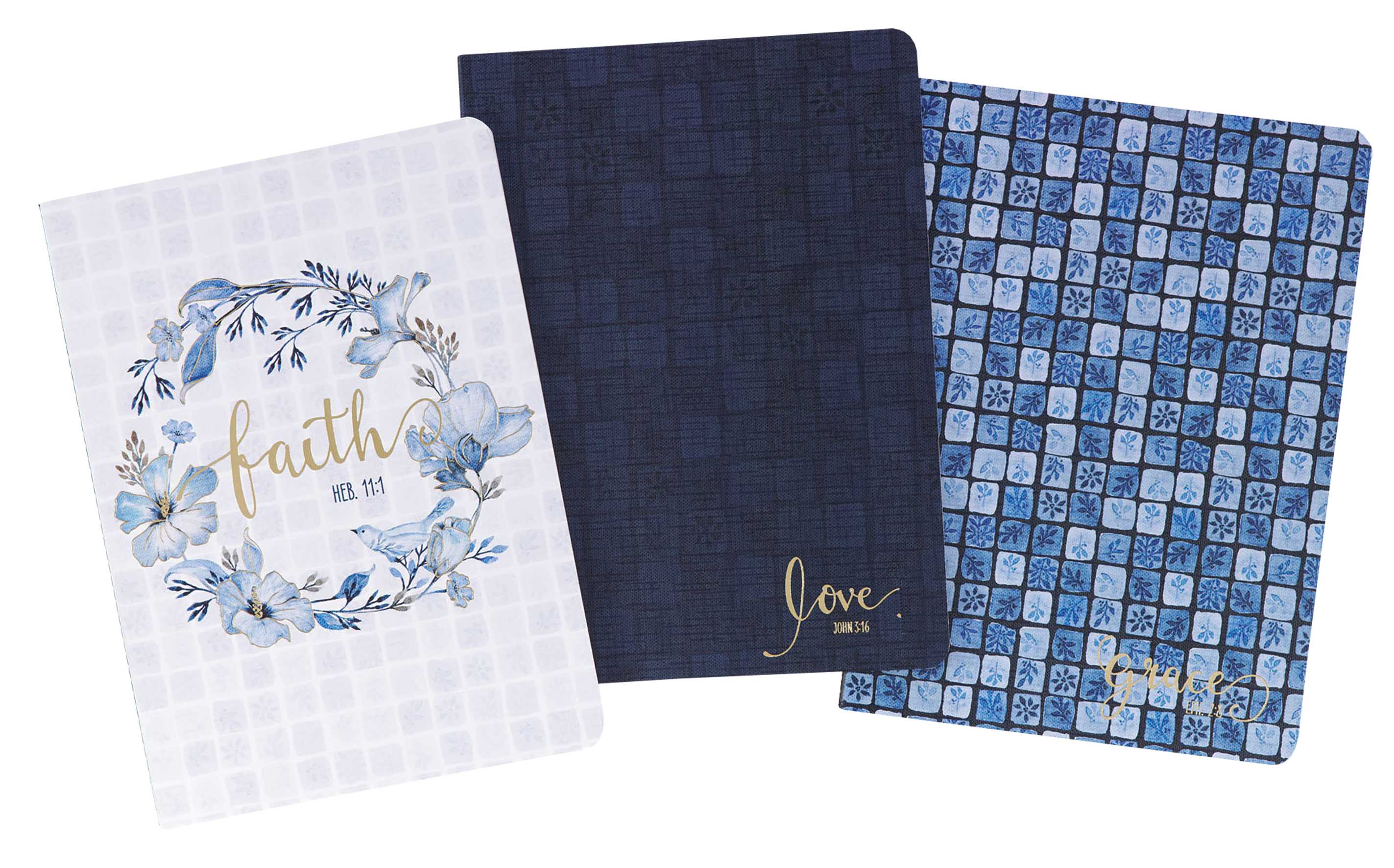 Notebook (Set of 3): Faith Grace Love, Blue (Checkered Floral Collection)