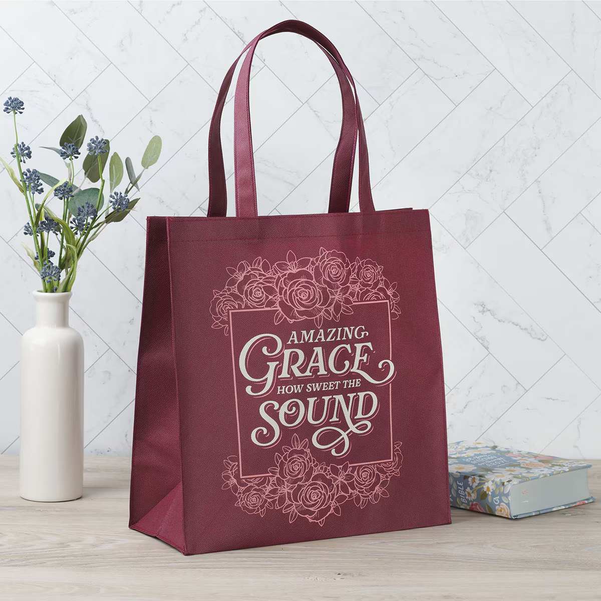 Reusable Tote Bag: Amazing Grace, Burgundy