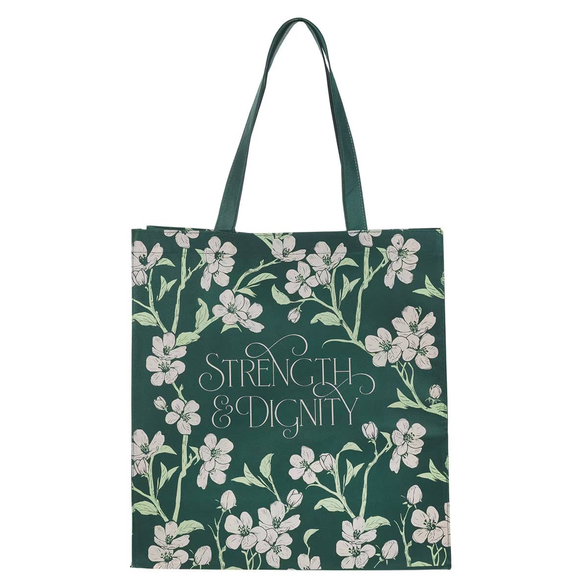 Reusable Tote Bag: Strength & Dignity, Green Floral