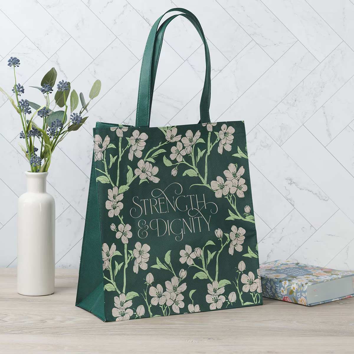 Reusable Tote Bag: Strength & Dignity, Green Floral
