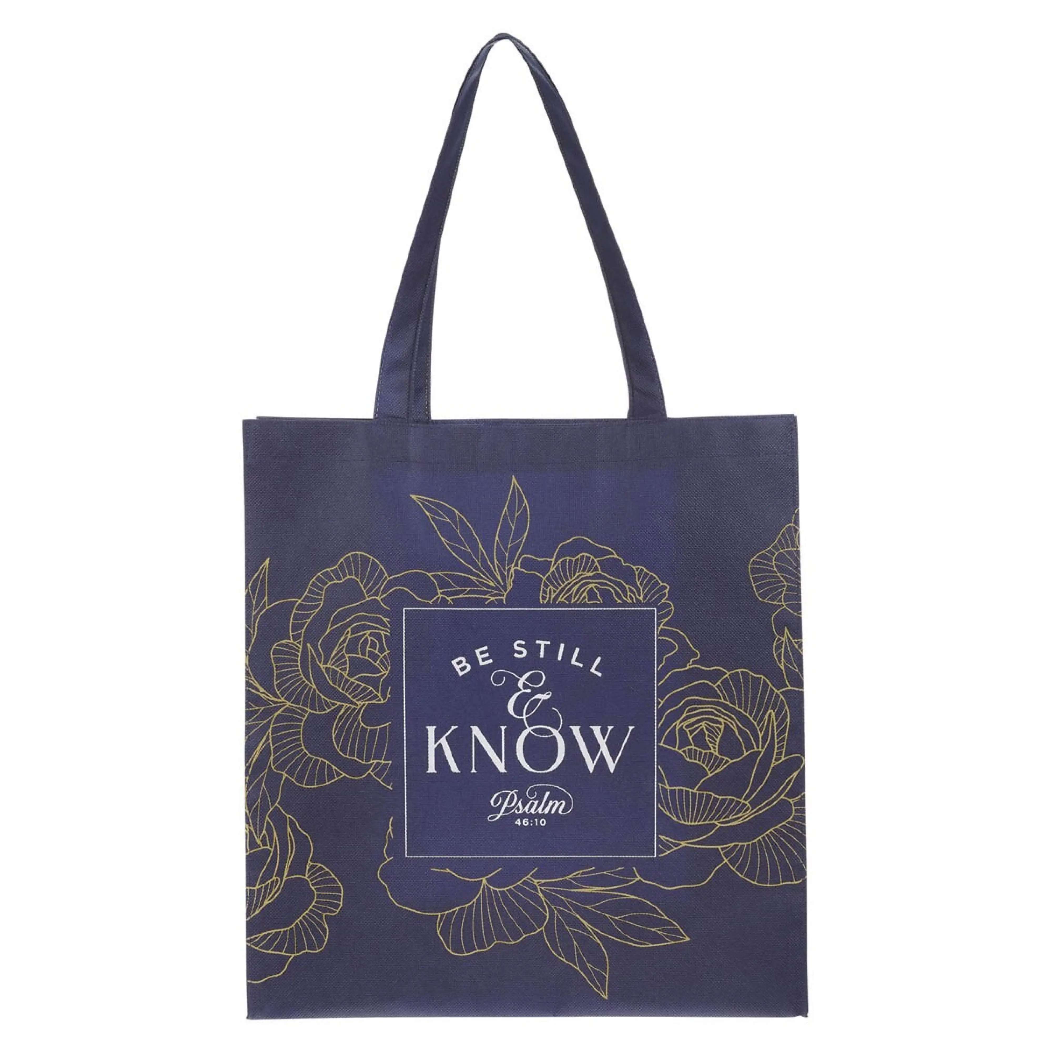 Reusable Tote Bag: Be Still (Psalm 46:10) Navy (Serene Roses Collection)