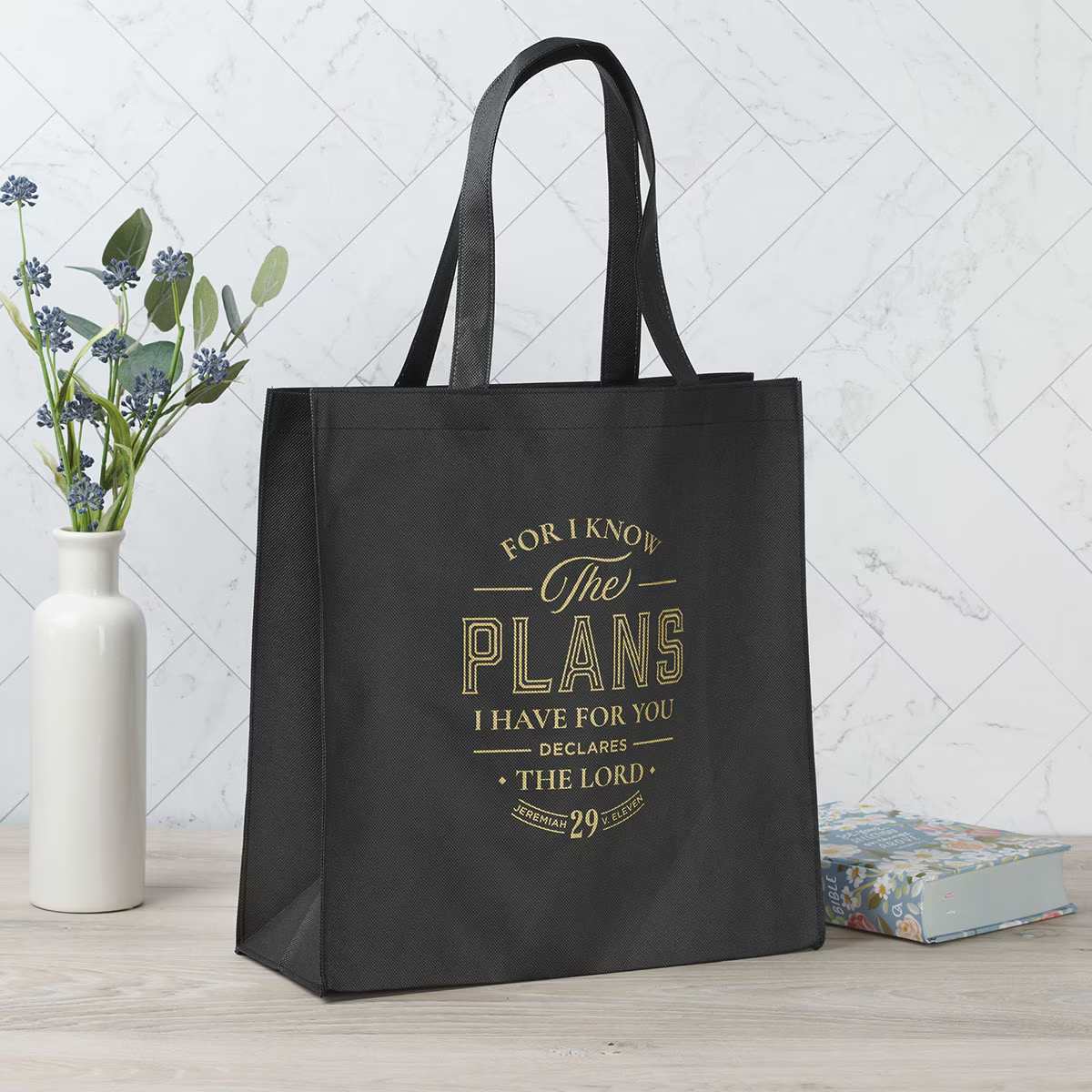 Reusable Tote Bag: For I Know the Plans (Jer. 29:11) Black (The Plans Charcoal Collection)