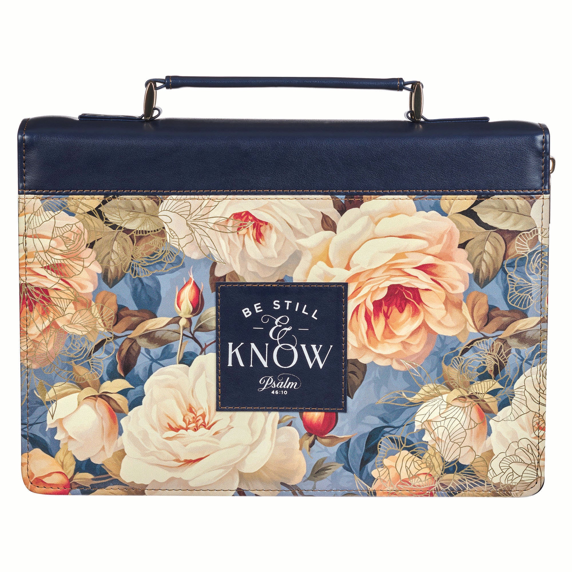 Bible Cover Medium: Be Still (Ps. 46:10), Navy Floral (Serene Roses Collection)