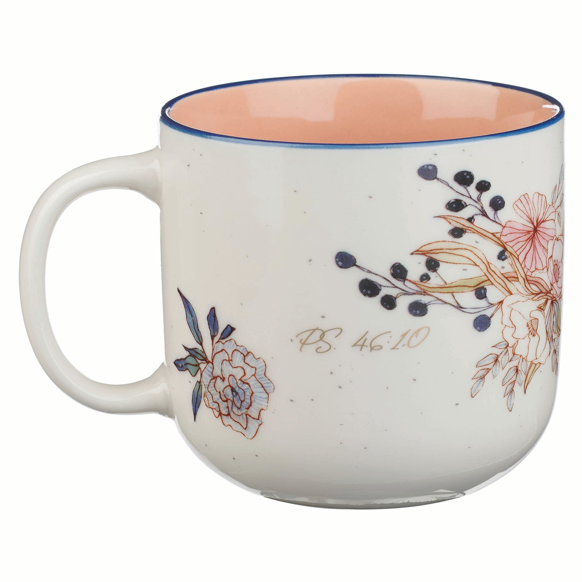 Ceramic Mug (414 ml): Be Still (Ps. 46:10) Peach Floral, Foil accents (Peaceful Peach Blossoms Collection)
