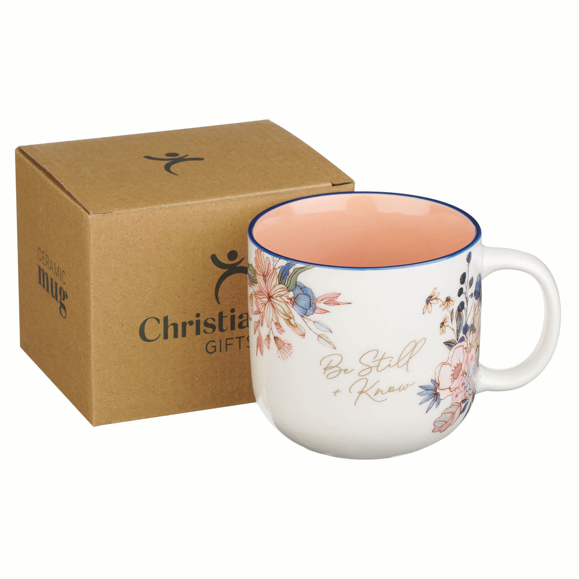 Ceramic Mug (414 ml): Be Still (Ps. 46:10) Peach Floral, Foil accents (Peaceful Peach Blossoms Collection)