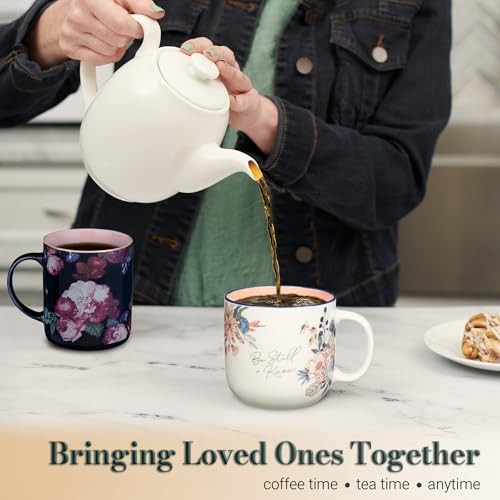 Ceramic Mug (414 ml): Be Still (Ps. 46:10) Peach Floral, Foil accents (Peaceful Peach Blossoms Collection)
