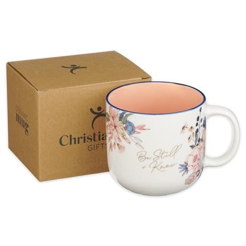 Ceramic Mug (414 ml): Be Still (Ps. 46:10) Peach Floral, Foil accents (Peaceful Peach Blossoms Collection)