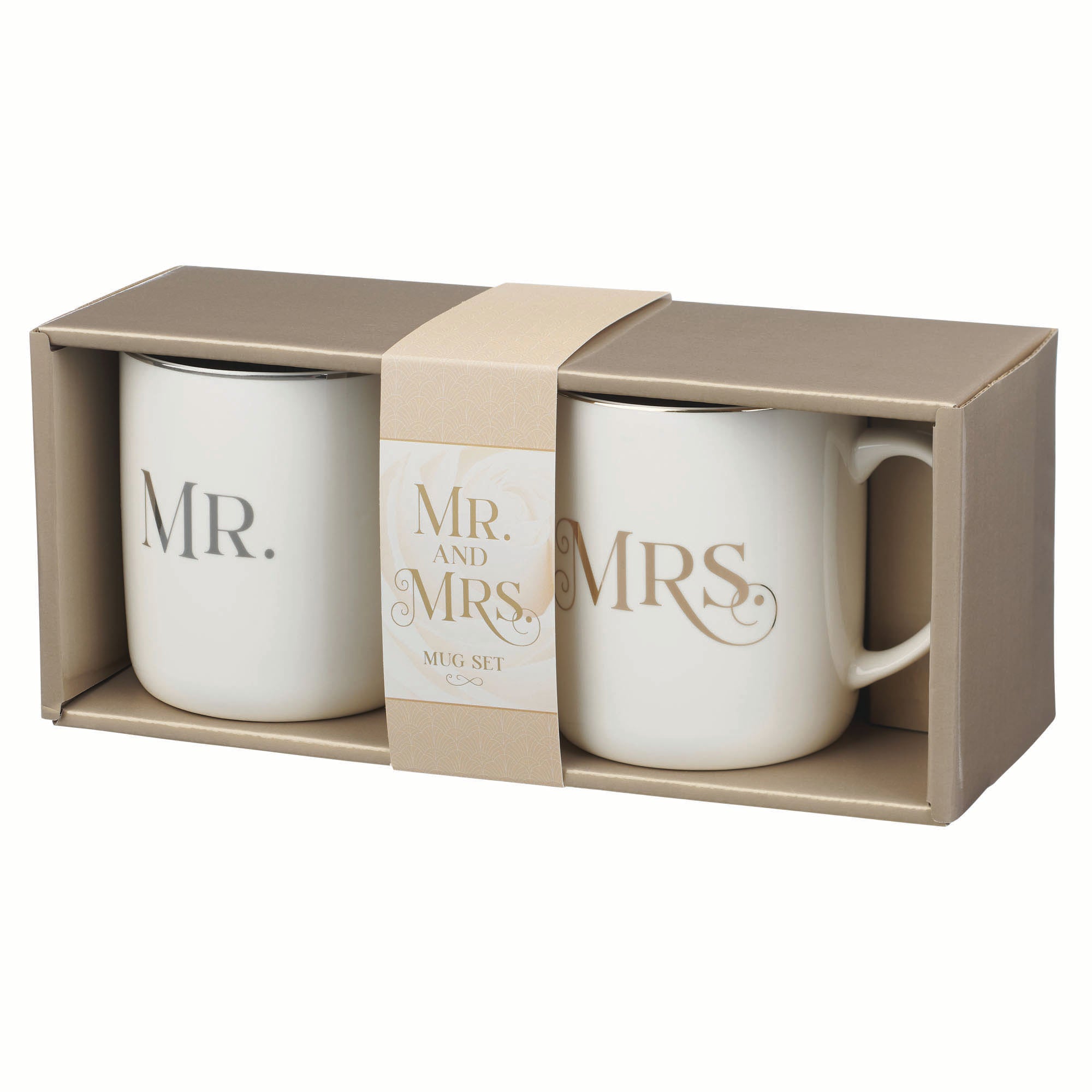 Ceramic Mug Set (414 ml): Mr & Mrs (1 Cor 13:4) white, foil accents (Ivory Love Collection)
