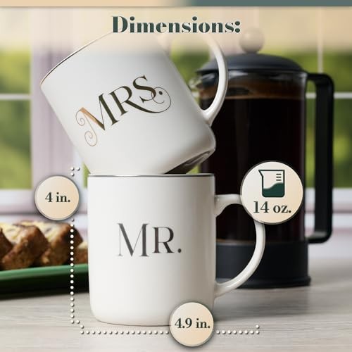 Ceramic Mug Set (414 ml): Mr & Mrs (1 Cor 13:4) white, foil accents (Ivory Love Collection)