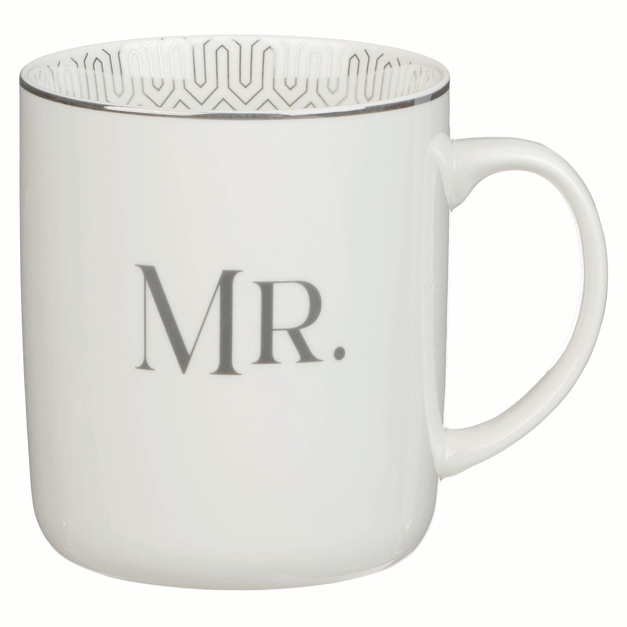 Ceramic Mug Set (414 ml): Mr & Mrs (1 Cor 13:4) white, foil accents (Ivory Love Collection)