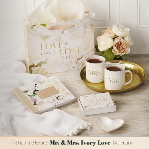 Ceramic Mug Set (414 ml): Mr & Mrs (1 Cor 13:4) white, foil accents (Ivory Love Collection)