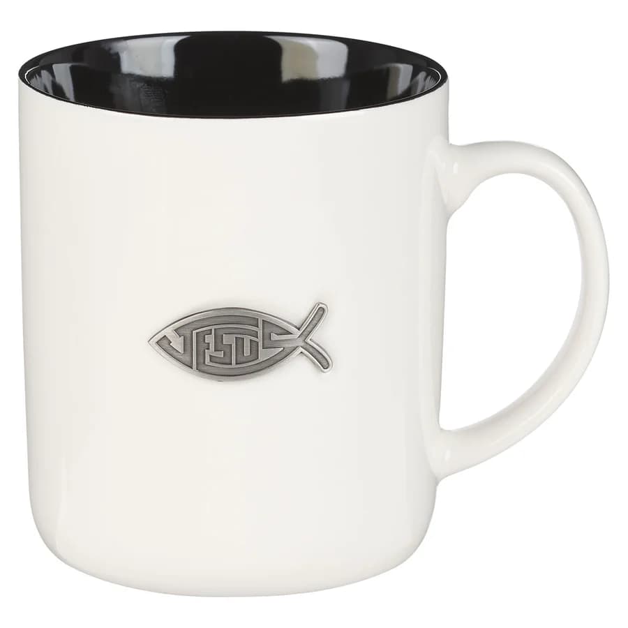 Ceramic Mug (414 ml): Metal Jesus Badge (Matthew 28:19), white/black inside