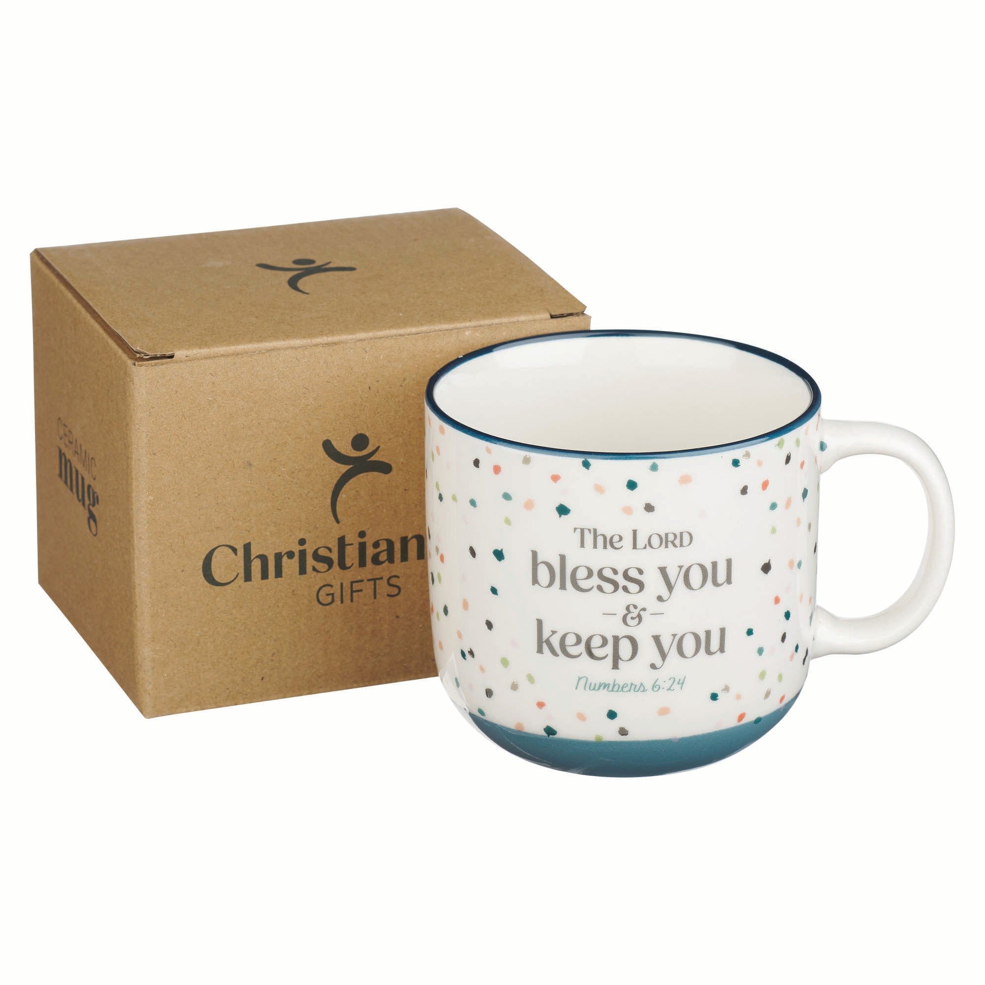 Ceramic Mug (414 ml): Bless You and Keep You (Numb. 6:24) Blue Confetti, foil accents (Bless You Teal Teacher Appreciation Collection)