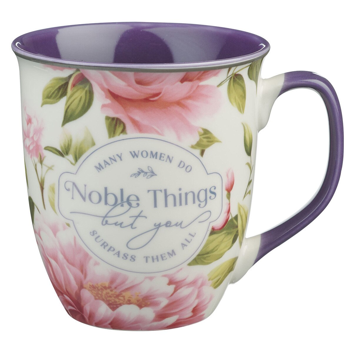 Ceramic Mug (414 ml): Noble Things (Prov. 31:29) Pink Floral, Purple inside (Pink Peony Collection)