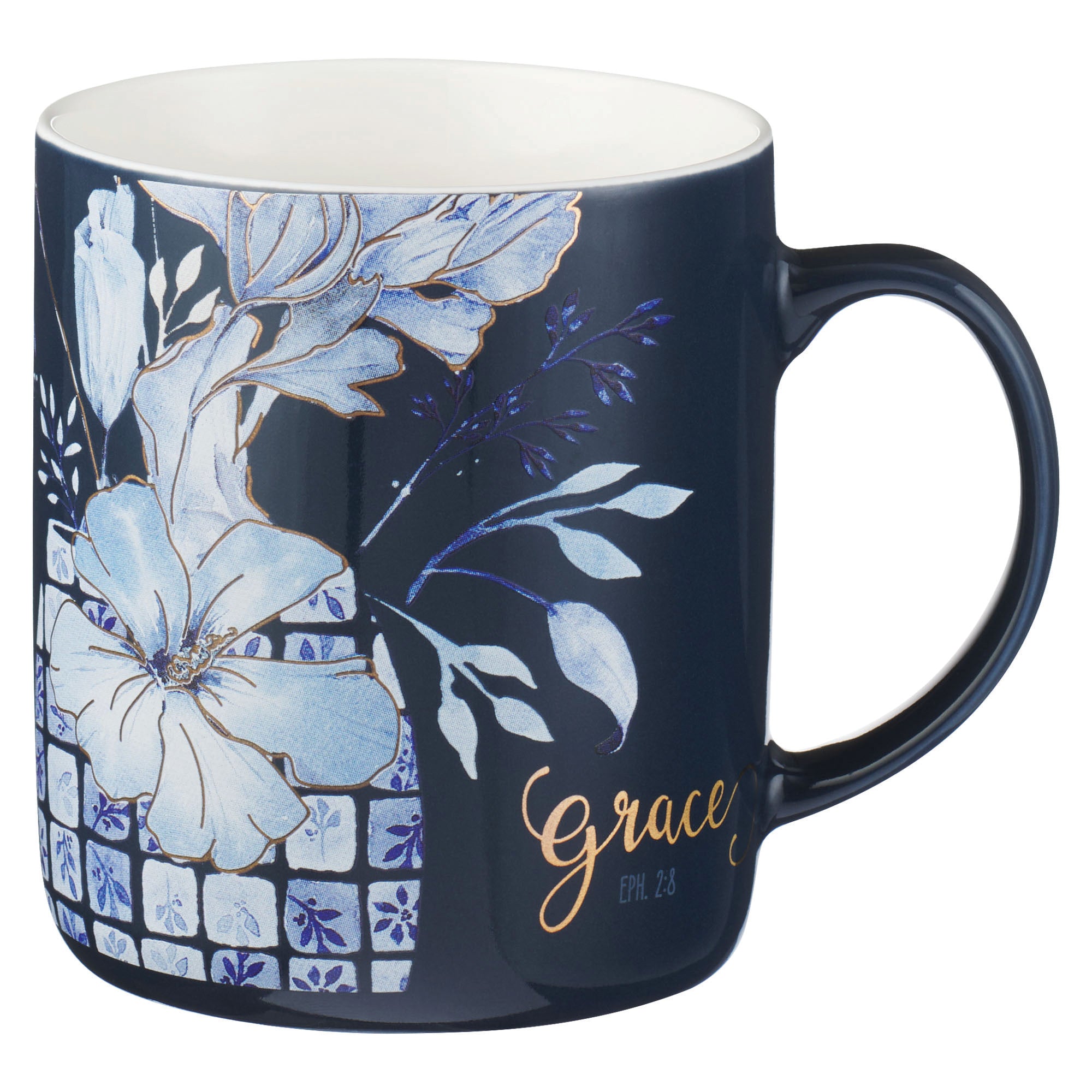 Ceramic Mugs (Set Of 4) 414ml: Faith Hope Love (Blue Checkered Floral Collection)