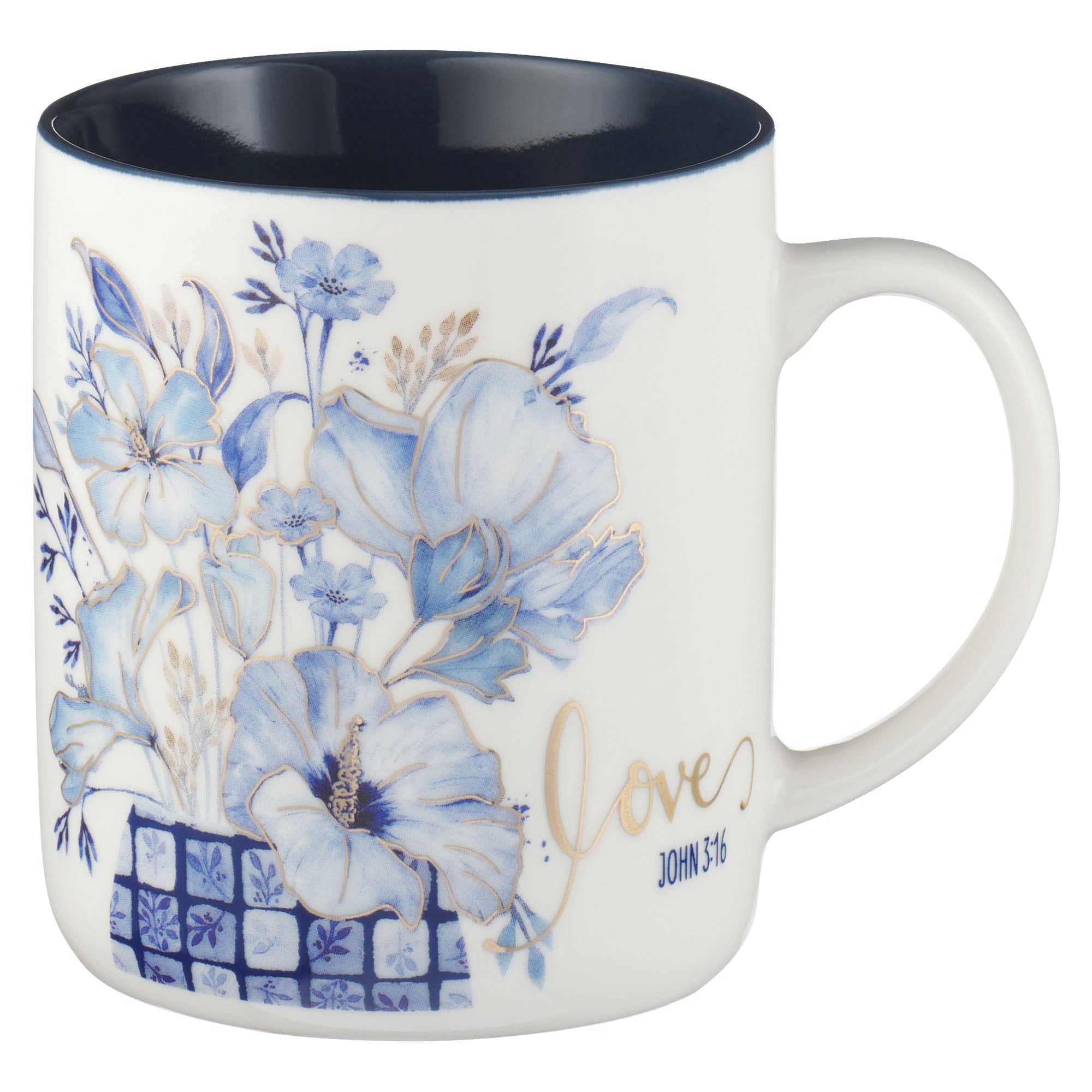 Ceramic Mugs (Set Of 4) 414ml: Faith Hope Love (Blue Checkered Floral Collection)