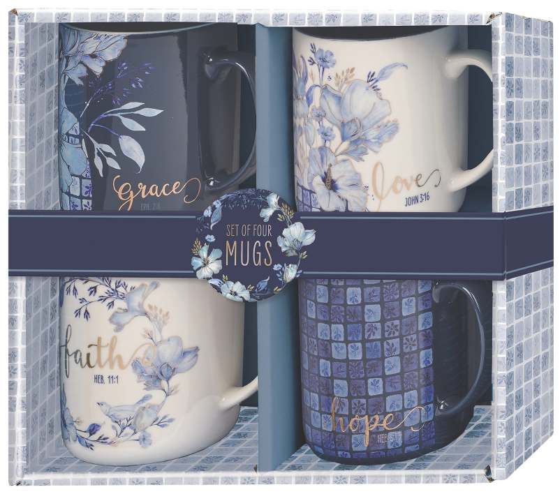 Ceramic Mugs (Set Of 4) 414ml: Faith Hope Love (Blue Checkered Floral Collection)