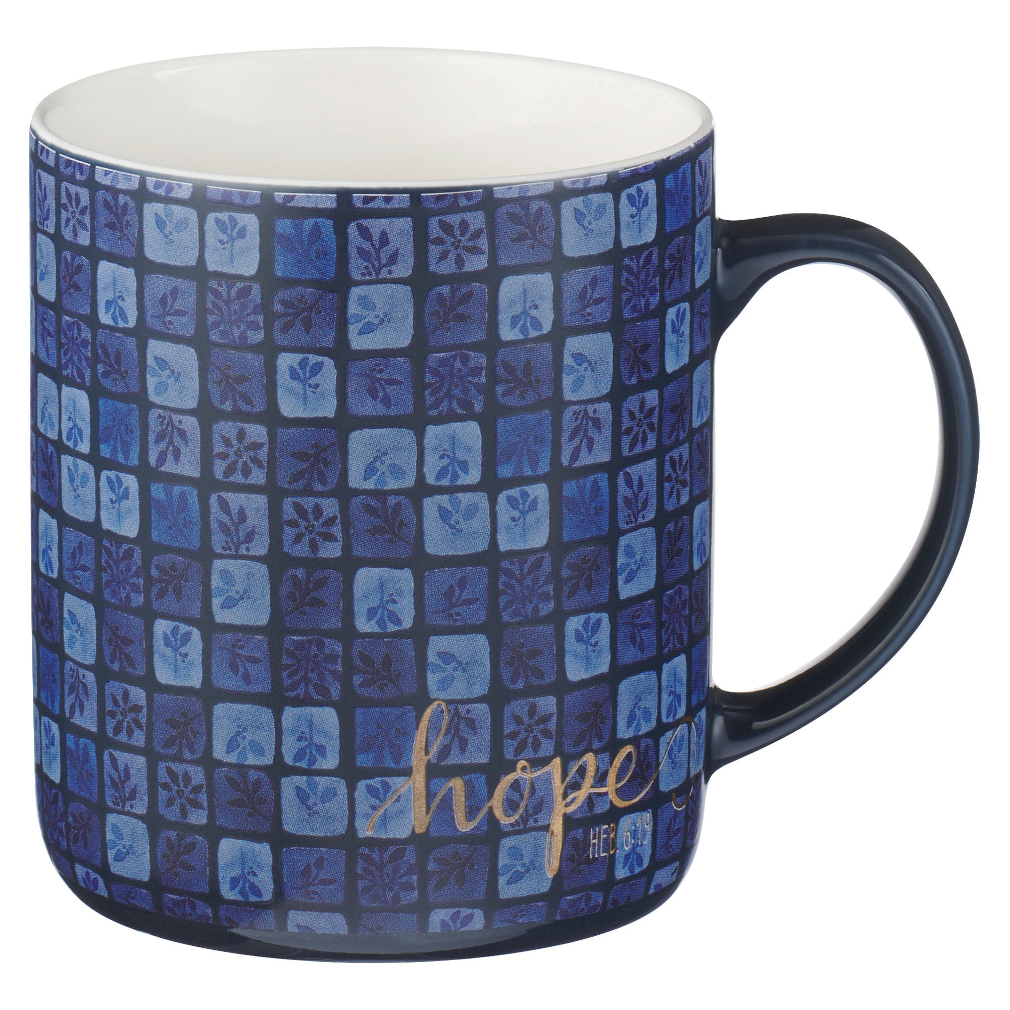 Ceramic Mugs (Set Of 4) 414ml: Faith Hope Love (Blue Checkered Floral Collection)