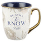 Ceramic Mug (414 ml):  Be Still & Know (Psalm 46:10) Navy inside, Gold accents (Serene Roses Collection)