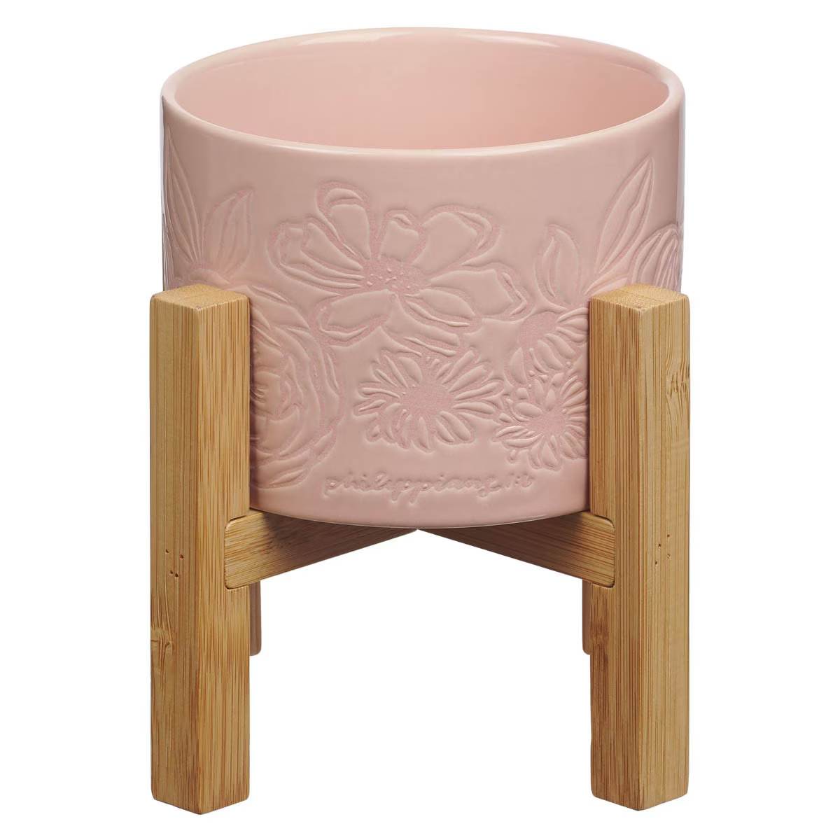 Ceramic Planter Pot with Bamboo Stand: Peach Floral, Phil. 1:6 (Sophia Collection)