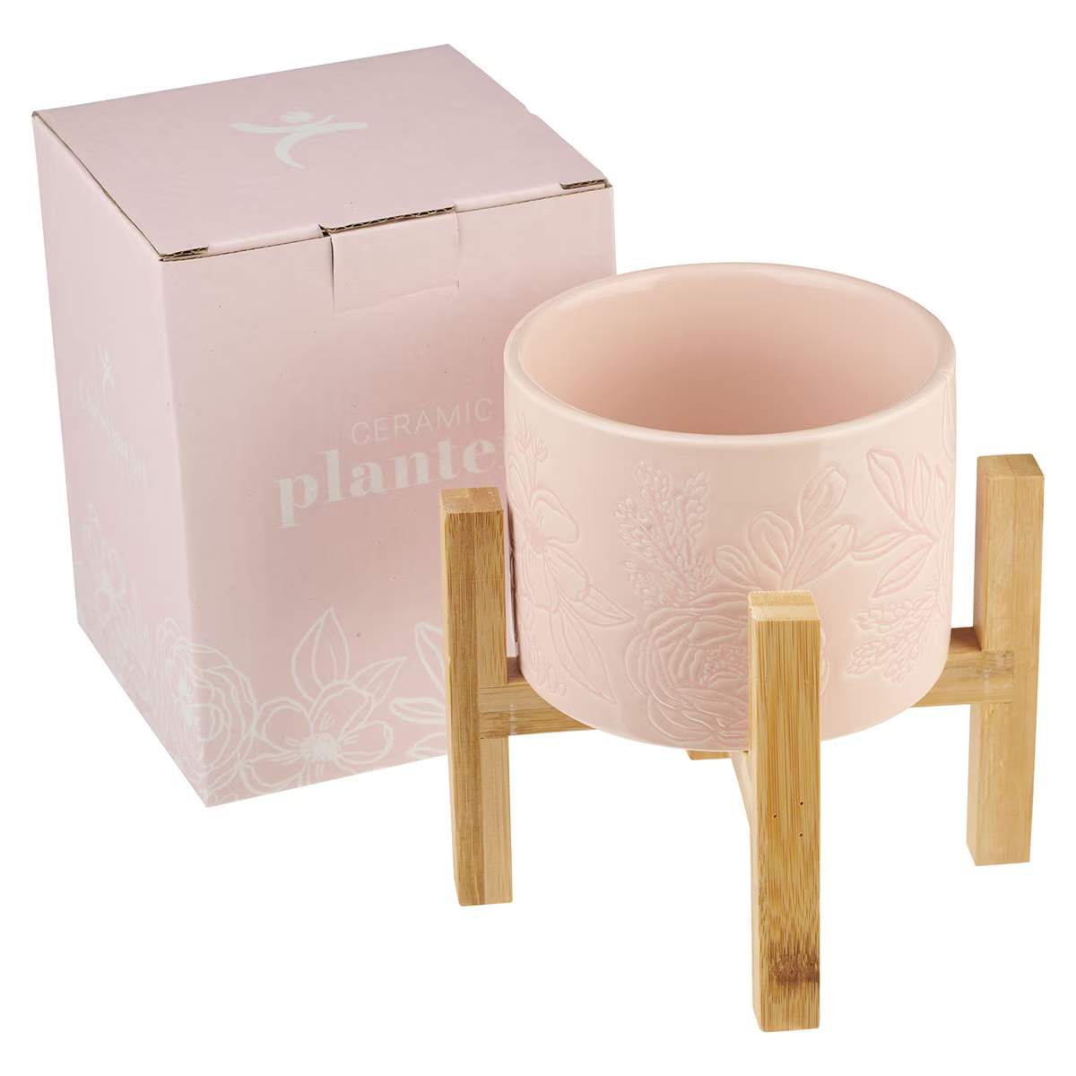 Ceramic Planter Pot with Bamboo Stand: Peach Floral, Phil. 1:6 (Sophia Collection)