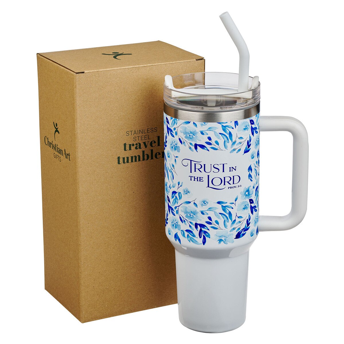 Tumbler with Straw Stainless Steel (1183 ml): Trust (Prov. 3:5), Blue Botany Collection