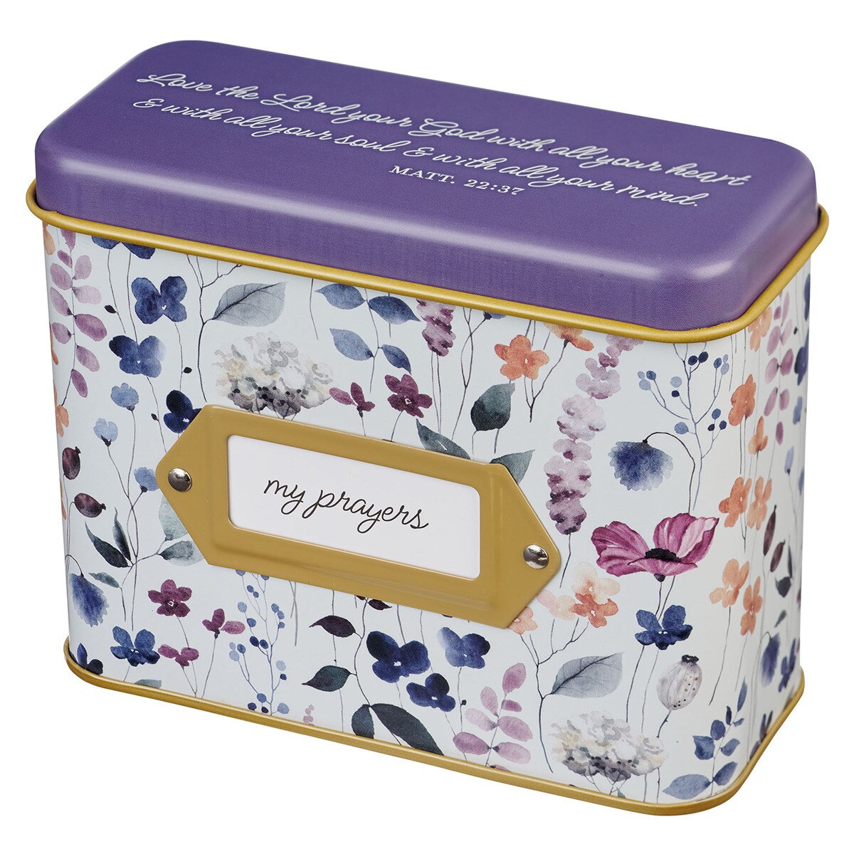 Prayer Cards in a Tin: My Prayers (Matthew 22:37) Purple Wildflowers, 50 Double-Sided Cards