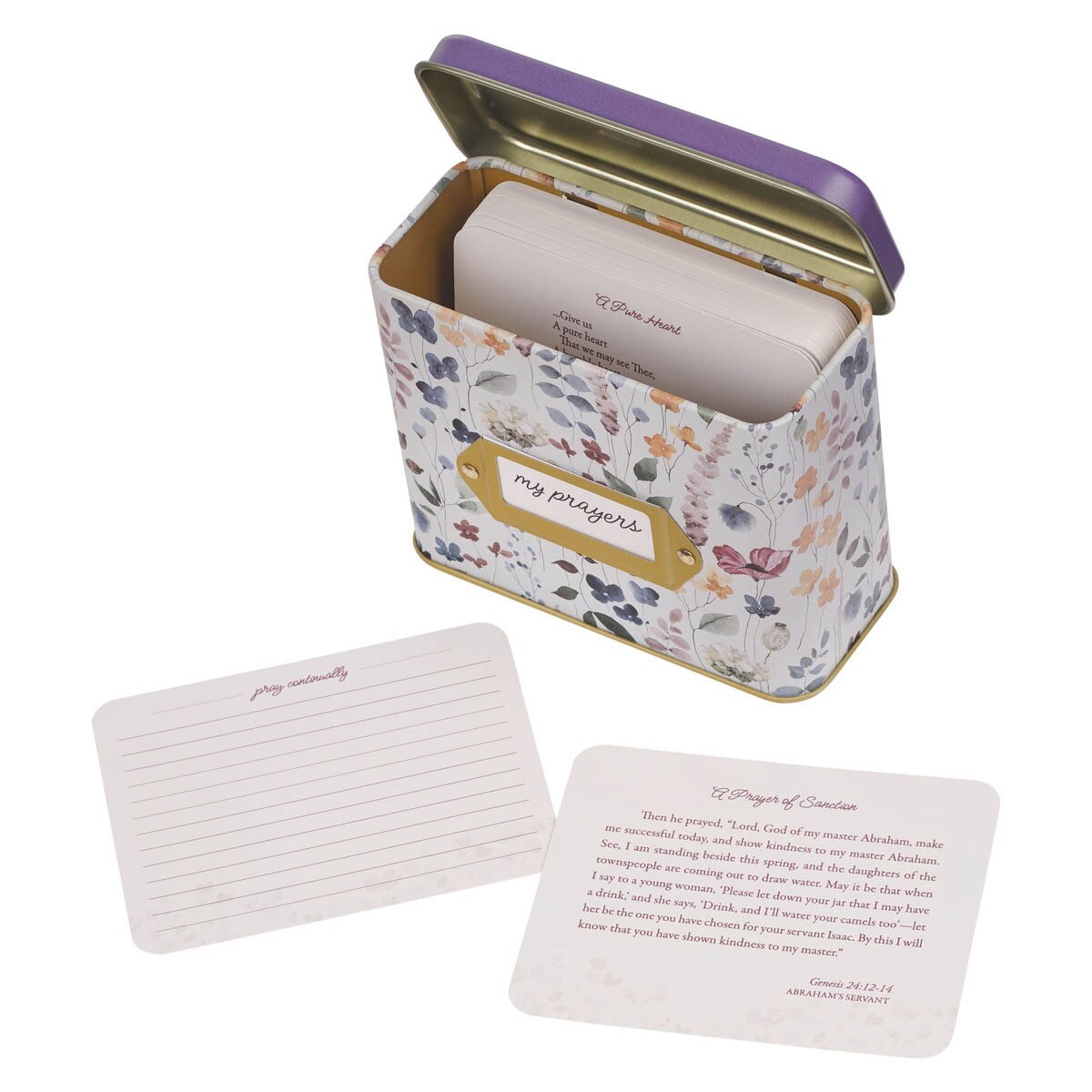 Prayer Cards in a Tin: My Prayers (Matthew 22:37) Purple Wildflowers, 50 Double-Sided Cards