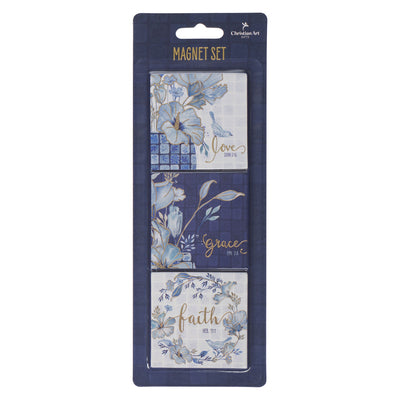 Magnets (Set of 3): Love Grace Faith, Blue (Checkered Floral Collection)