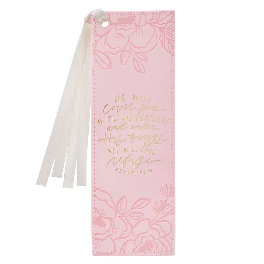 Bookmark with Ribbon: He Will Cover You (Ps. 91:4) Pink (Amelia Collection)