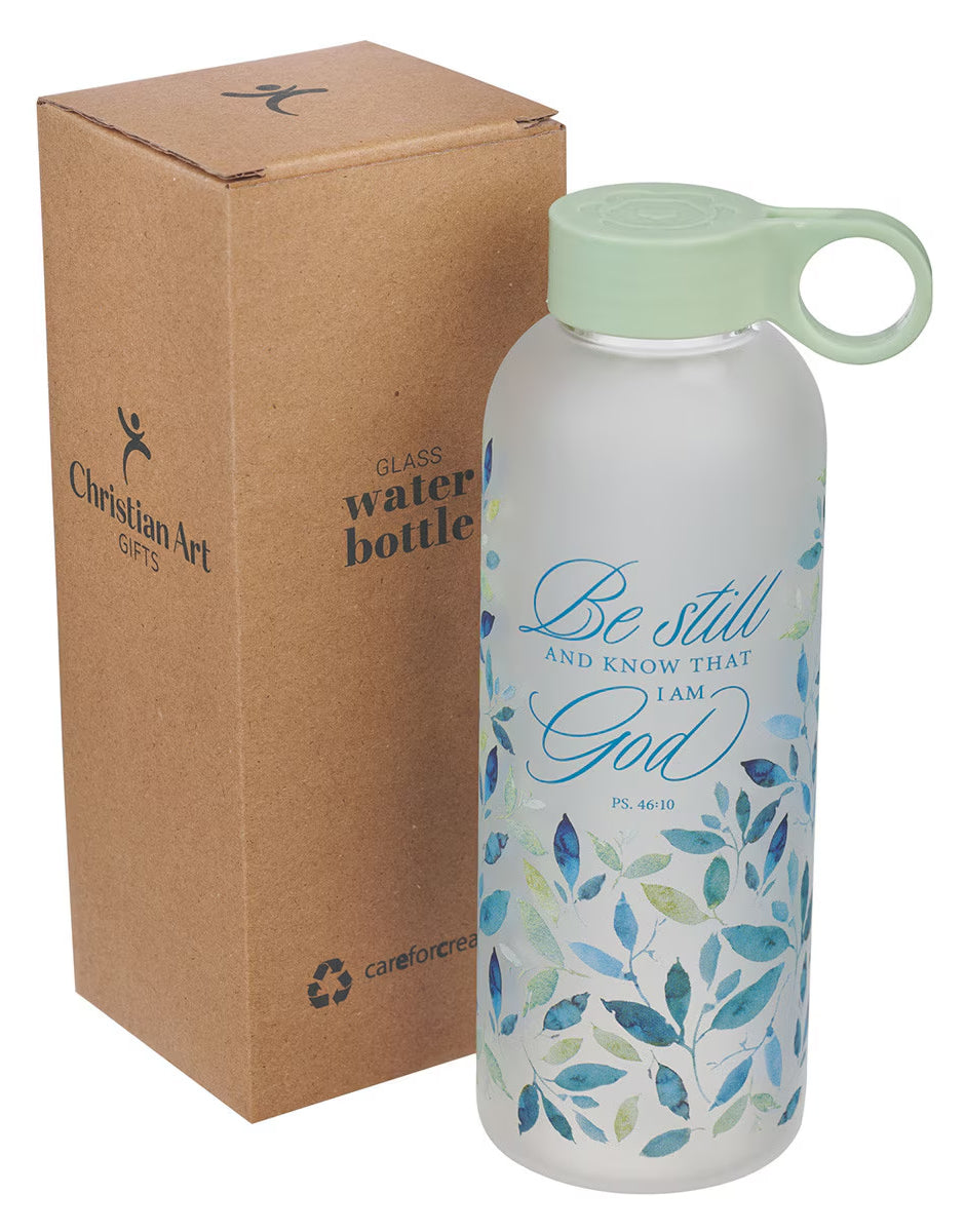 Water Bottle, Glass (562 ml): Be Still and Know, Ps. 46:10, light green easy-carry handle