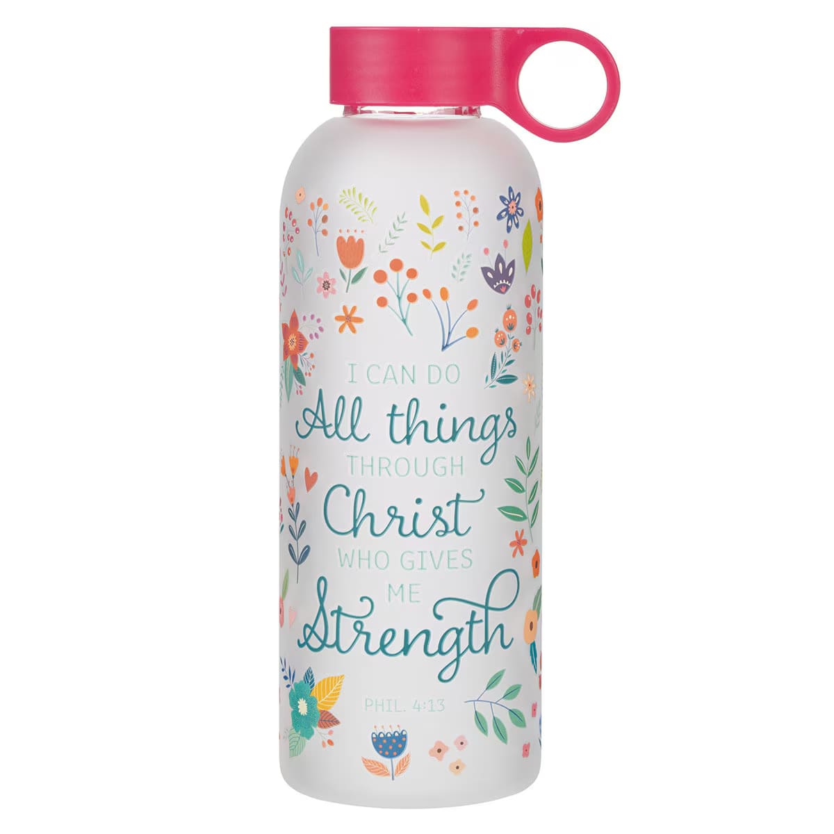 Water Bottle, Glass (562 ml): All Things, Phil. 4:13, Bright Pink easy-carry handle