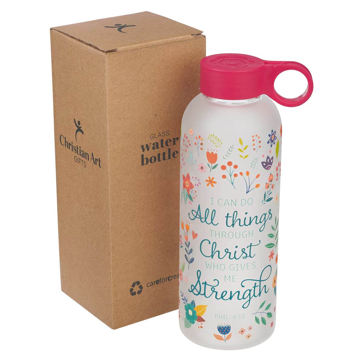 Water Bottle, Glass (562 ml): All Things, Phil. 4:13, Bright Pink easy-carry handle