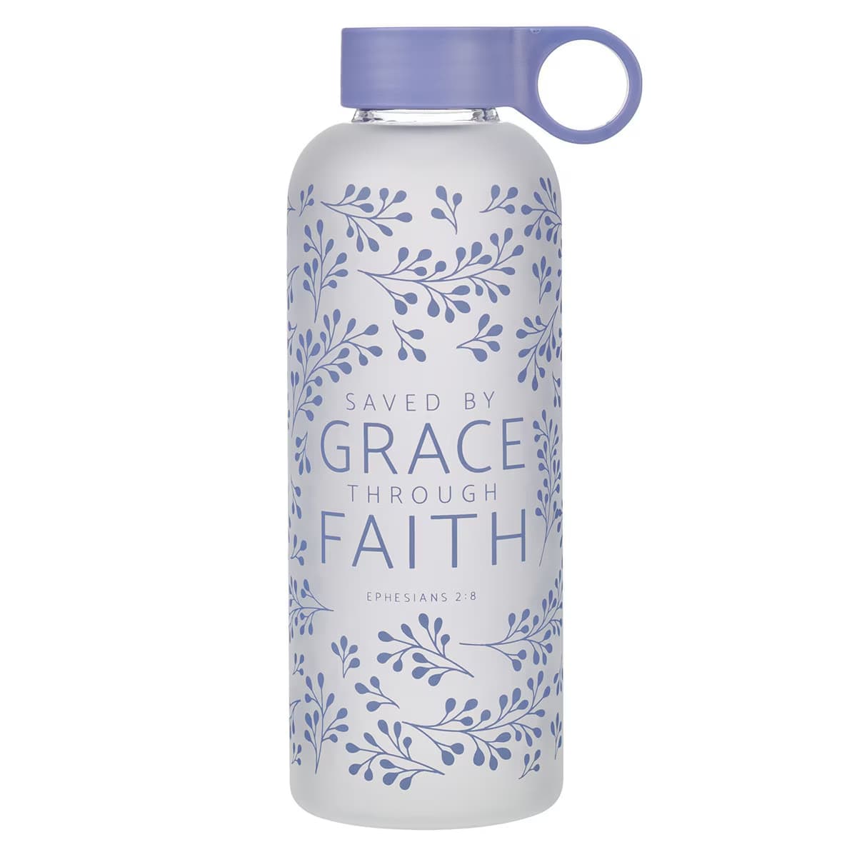Water Bottle, Glass (562 ml): Saved by Grace, Eph. 2:8, Purple easy-carry handle