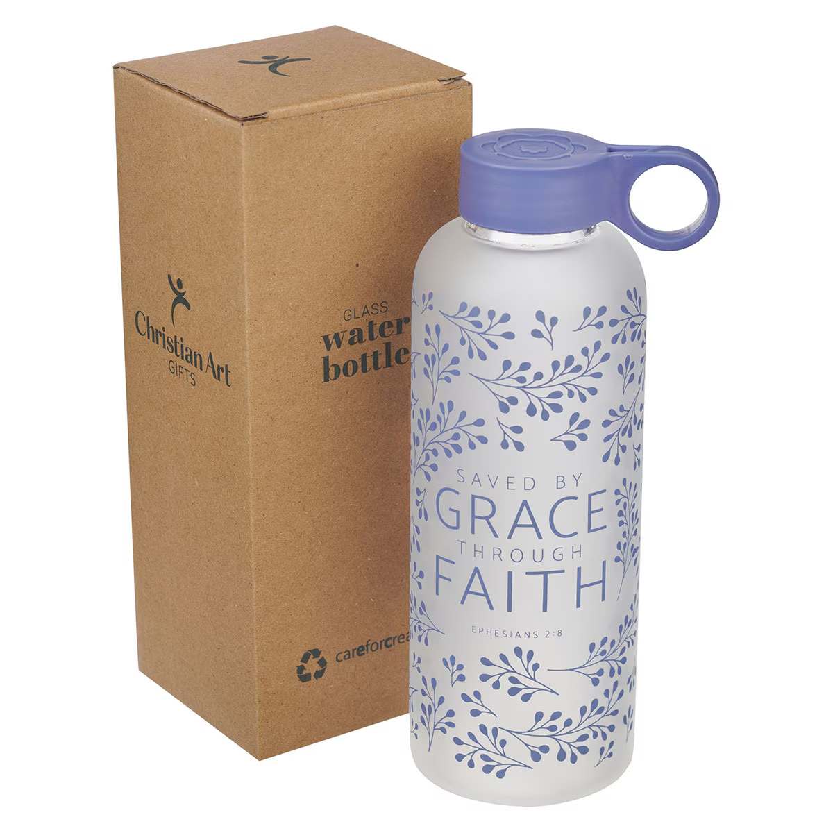 Water Bottle, Glass (562 ml): Saved by Grace, Eph. 2:8, Purple easy-carry handle