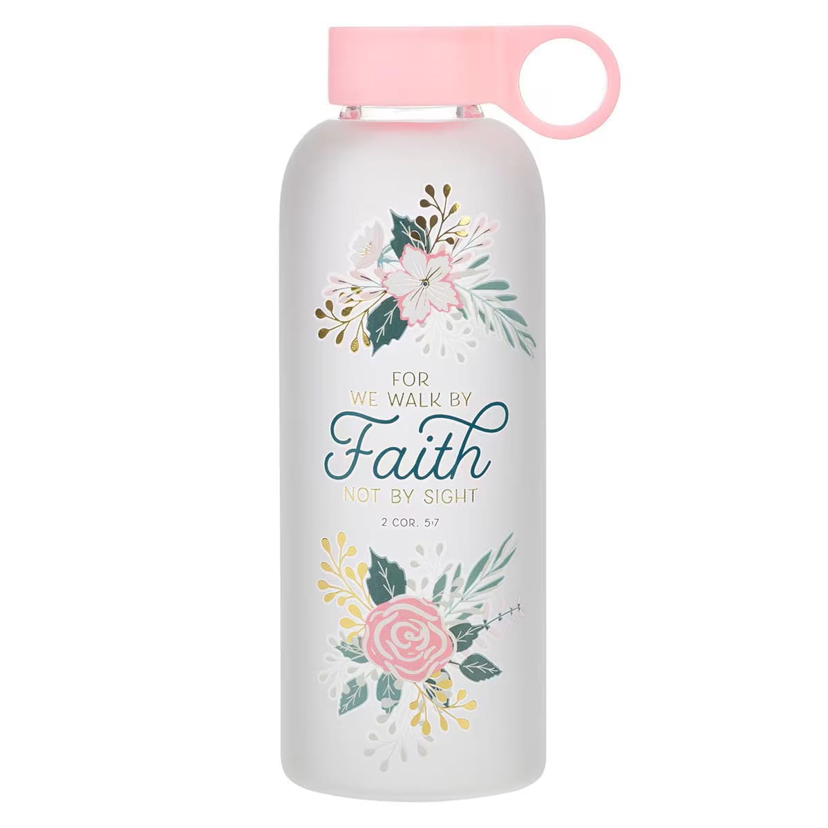Water Bottle, Glass (562 ml): Walk by Faith, 2 Cor. 5:7, Peach easy-carry handle
