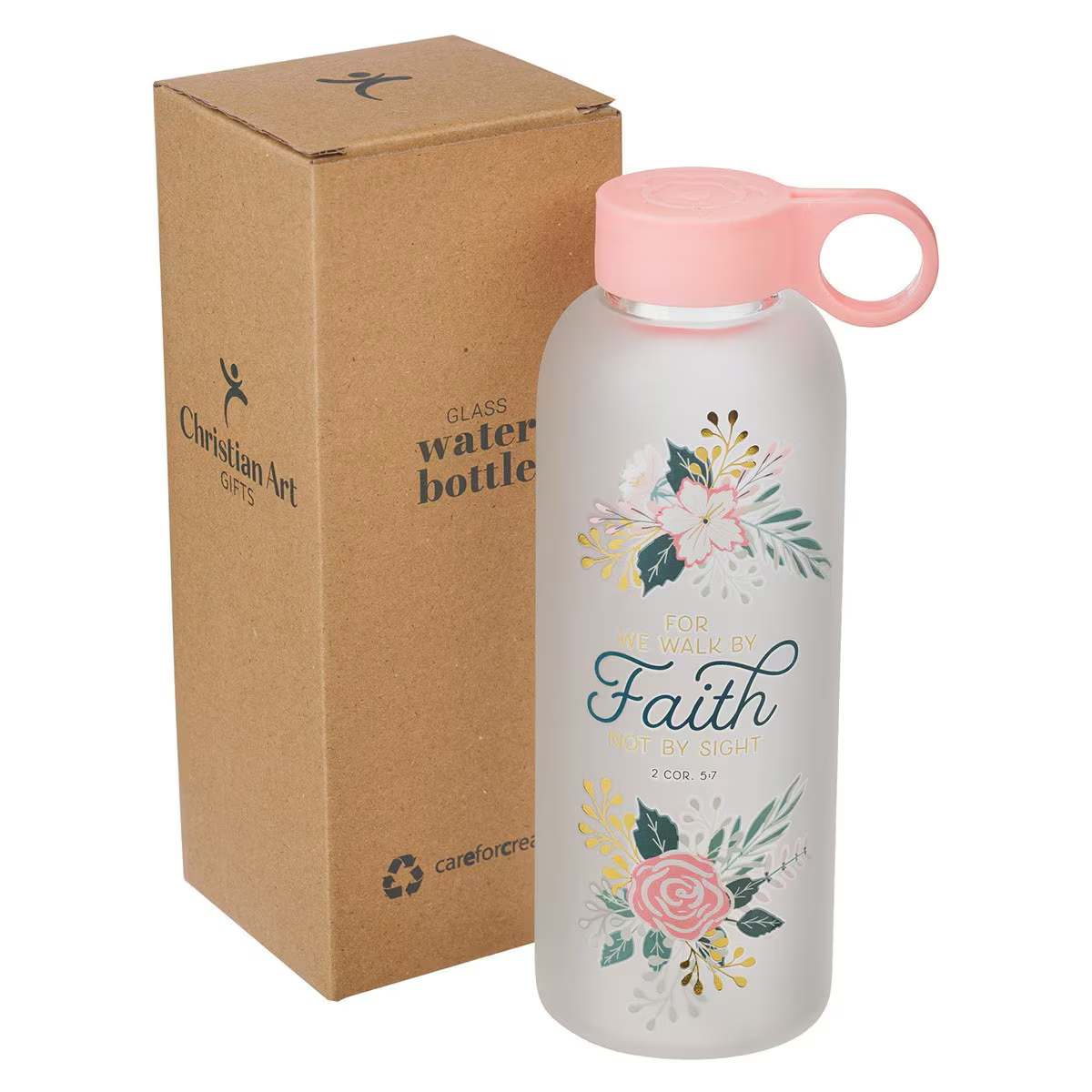 Water Bottle, Glass (562 ml): Walk by Faith, 2 Cor. 5:7, Peach easy-carry handle