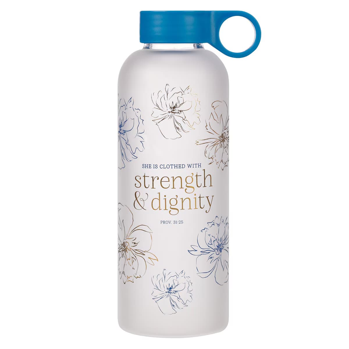 Water Bottle, Glass (562 ml): Strength & Dignity, Prov. 31:25, Blue easy-carry handle