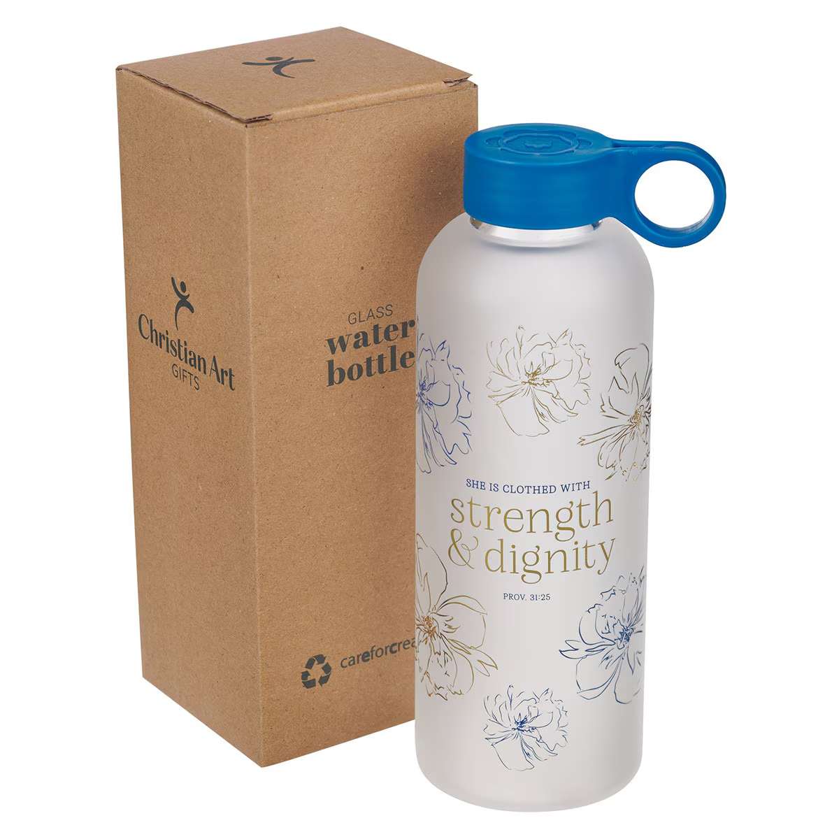 Water Bottle, Glass (562 ml): Strength & Dignity, Prov. 31:25, Blue easy-carry handle