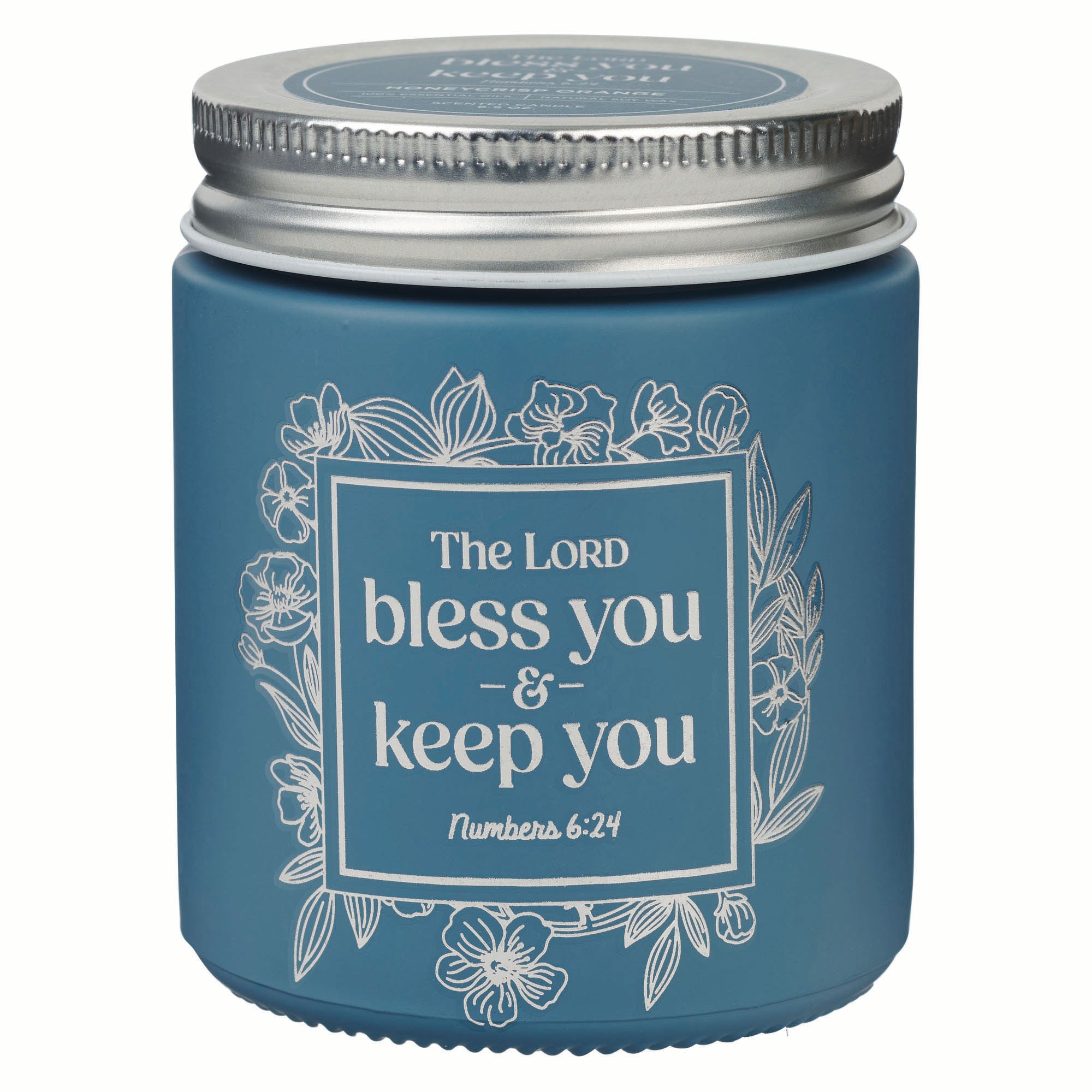 Candle in a Glass Jar with Metal Lid: Bless You and Keep You (Num. 6:24), Teal Blue, Honeycrisp Orange Scent (Teacher Appreciation Collection)