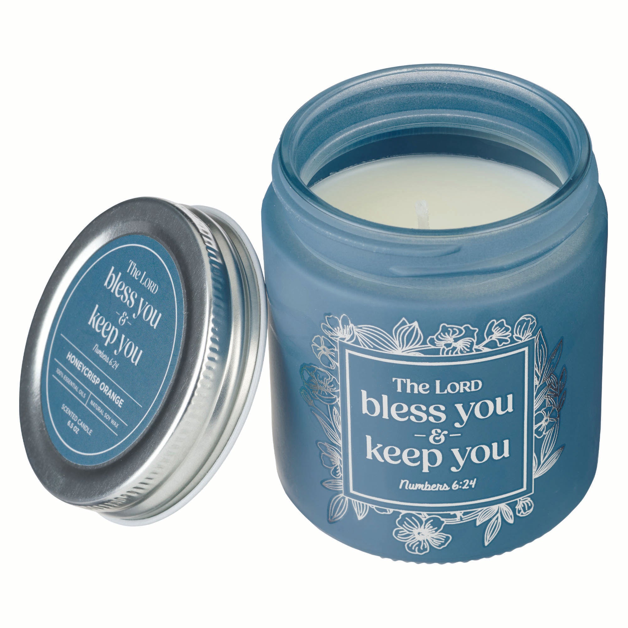 Candle in a Glass Jar with Metal Lid: Bless You and Keep You (Num. 6:24), Teal Blue, Honeycrisp Orange Scent (Teacher Appreciation Collection)