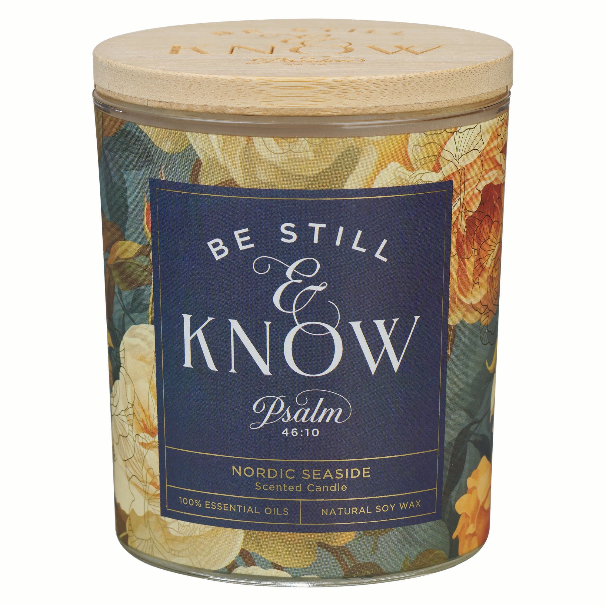 Glass Candle with Bamboo Lid: Floral Be Still Ps. 4610