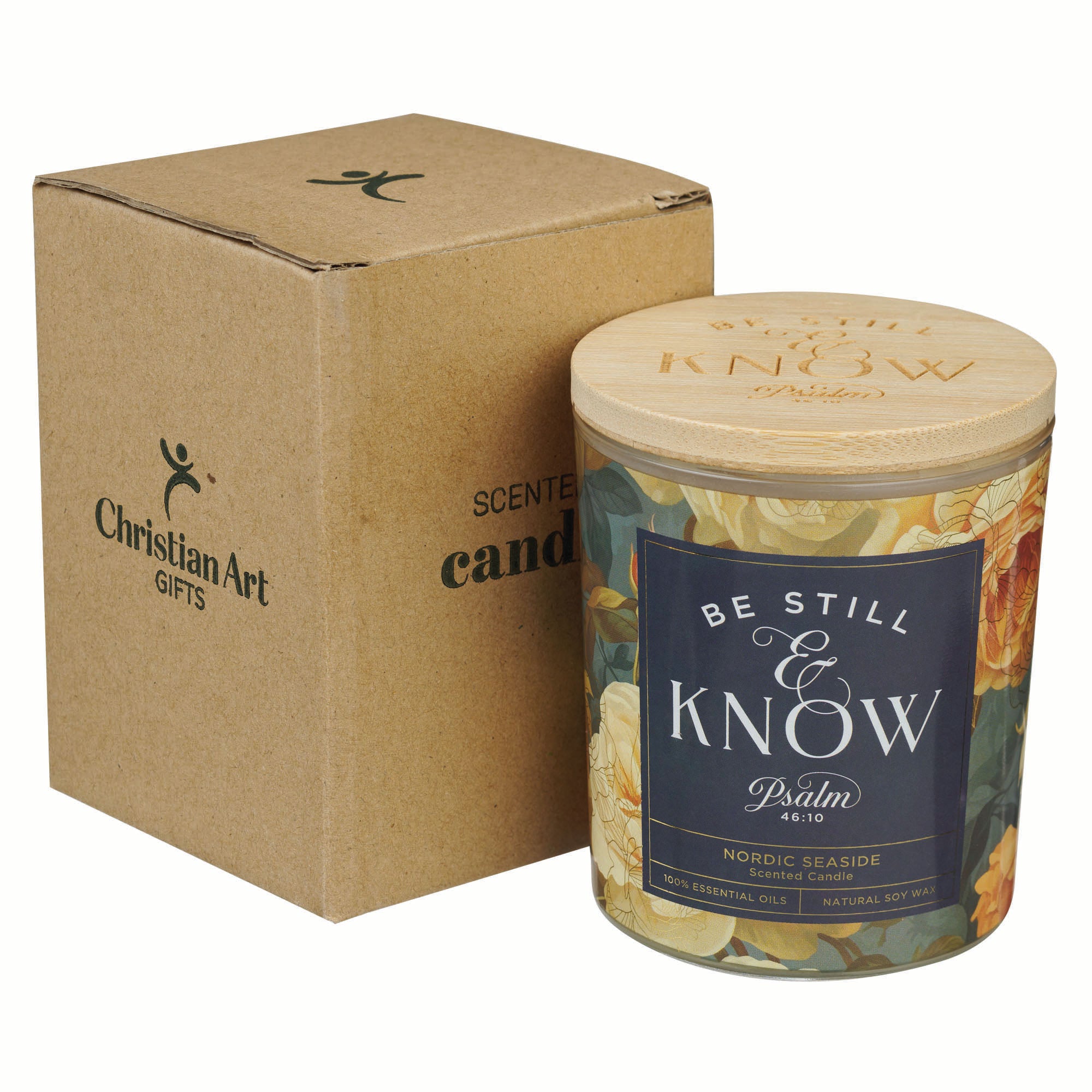 Glass Candle with Bamboo Lid: Floral Be Still Ps. 4610
