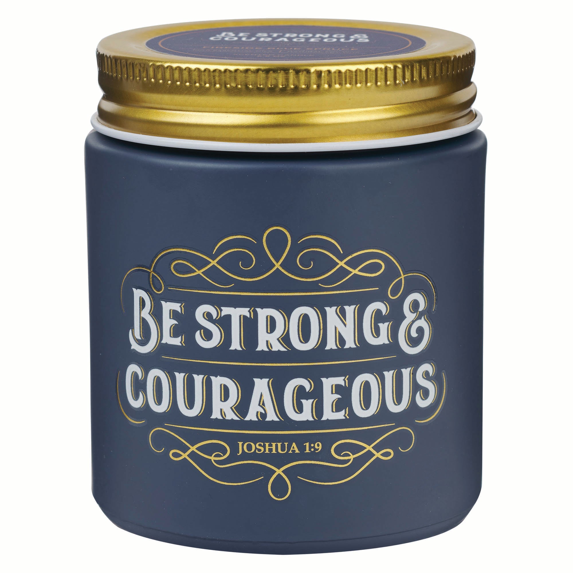 Candle in a Glass Jar with Metal Lid: Be Strong & Courageous (Joshua 1:9), Navy, Fireside Blue Spruce Scent