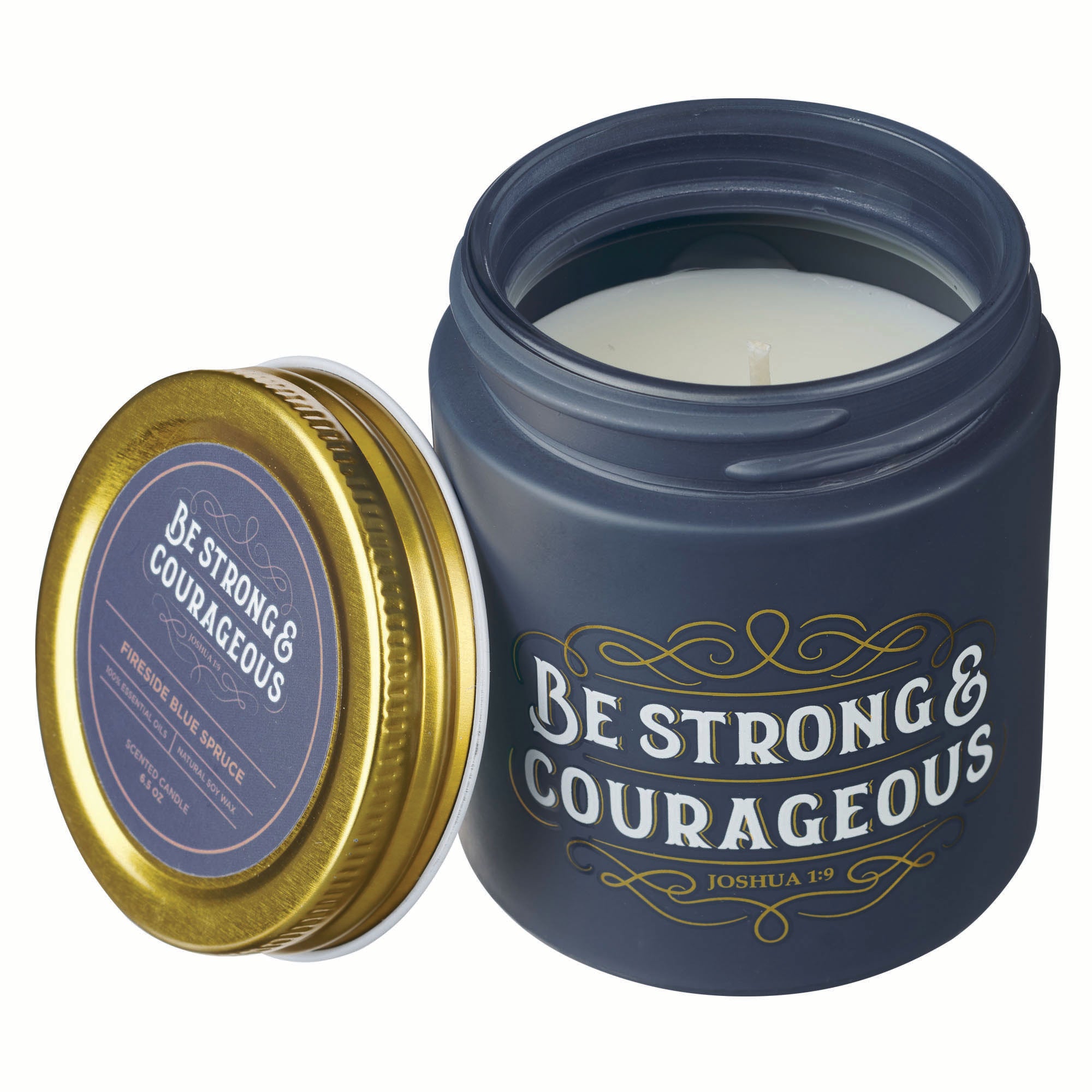 Candle in a Glass Jar with Metal Lid: Be Strong & Courageous (Joshua 1:9), Navy, Fireside Blue Spruce Scent