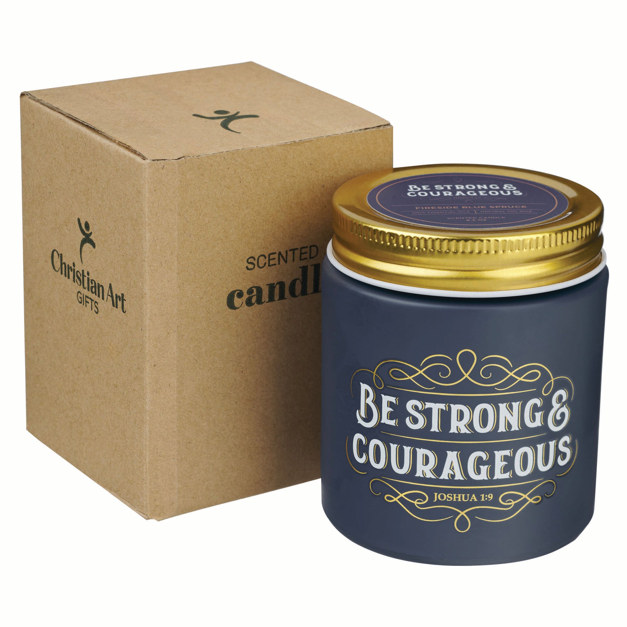 Candle in a Glass Jar with Metal Lid: Be Strong & Courageous (Joshua 1:9), Navy, Fireside Blue Spruce Scent